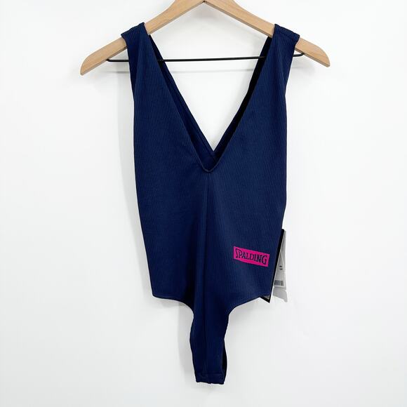 Urban Outfitters Spalding Plunging Cross Back Bodysuit in Navy Size Medium NWT - Picture 3 of 10